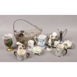 A group of collectables including crested wares, WMF, art glass, white metal wire work bottle holder