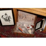 A vintage antler suitcase and contents of collectables including cut glass ships decanter, Martini