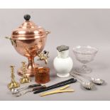 A group of collectables including pewter lidded Wedgwood pearlware jug, copper and brass tea urn,