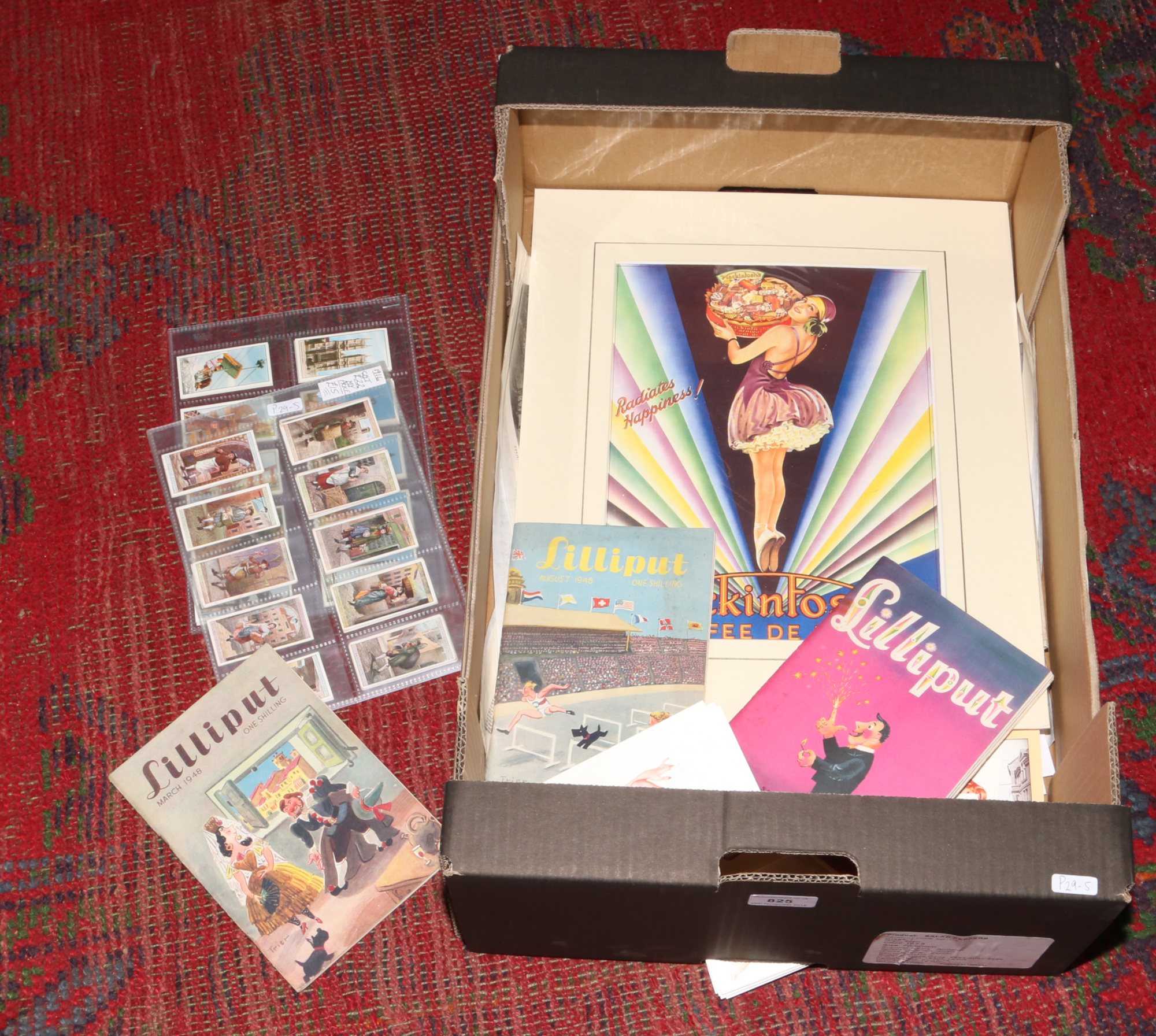 A quantity of mounted prints and ephemera including Lilliput magazine, Pinup Girl postcards, Art