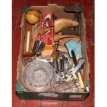 A box of miscellaneous to include Mauchline ware string dispenser, shoe last, cut glassware etc.