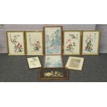 A collection of framed oriental pictures to include silk examples.