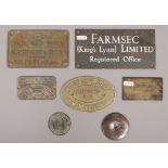 A collection of plaques / signs to include Davidson & Co. Edwards Bros, Dairy Outfit Co. etc.