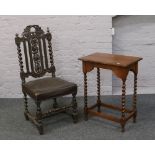 A carved ash and elm barleytwist hall chair, along with a light oak barleytwist occasional table.