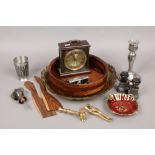 A box of collectables to include art glass fruit bowl, turned hardwood salad bowl and servers, Crown