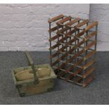 A 24 bottle wine rack along with a swing handle carry box.