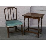 An oak barleytwist occasional table along with an Edwardian mahogany hall chair.