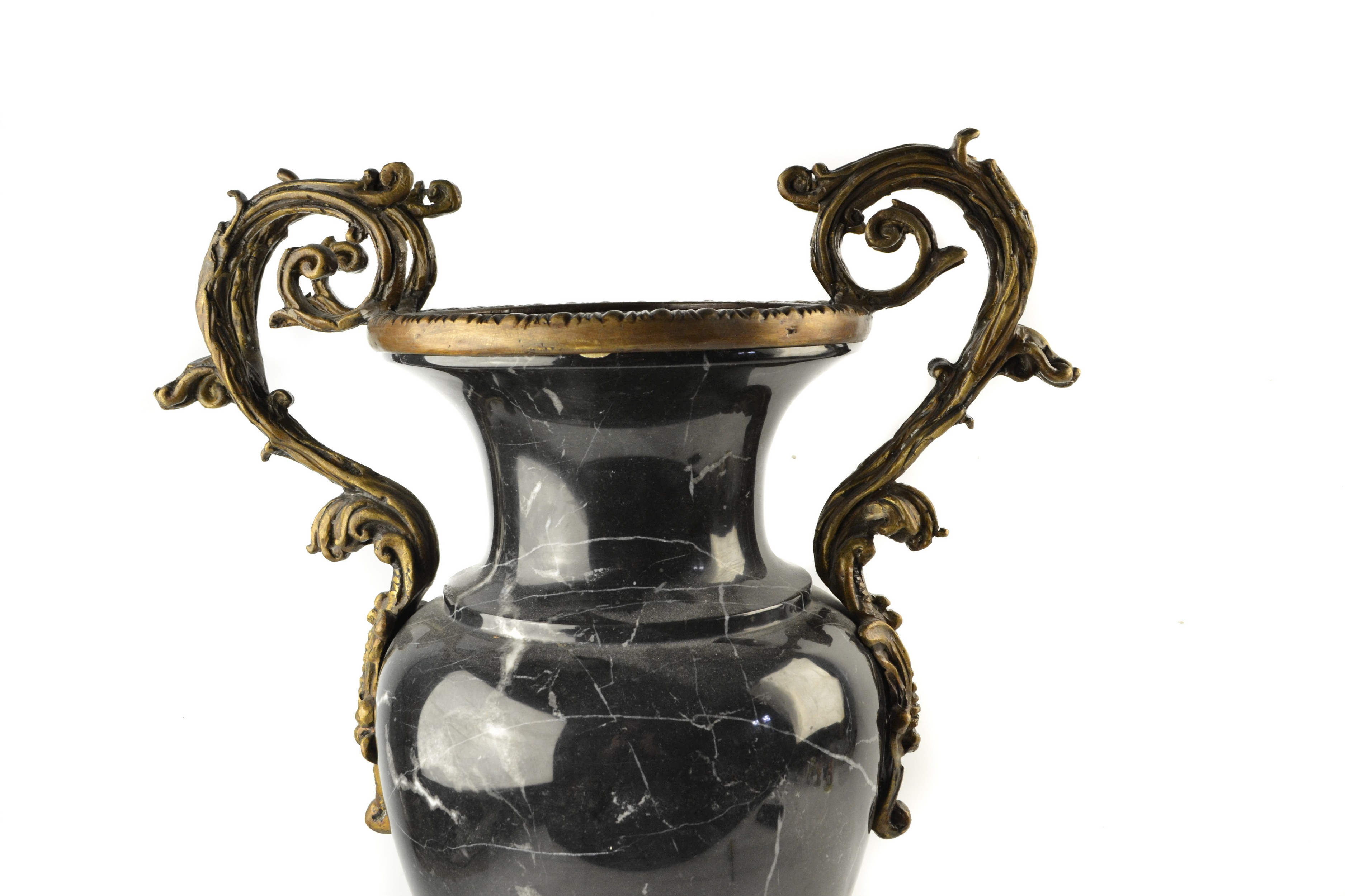 Maitland-Smith Black marble vase with brass mounted twin handles and base of scrolling leaf form, - Image 3 of 4