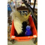 Blue & White tray, mirror, glass vase & feathers