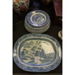 2 blue and white willow pattern ashettes and plates