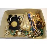 Box containing costume jewellery, powder flask, Swiss tortoiseshell clock