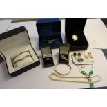 Quantity of costume jewellery to include boxed watches, necklace, locket and earrings