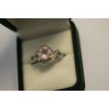 14k white gold, diamond chip and pink stone dress ring, size N