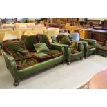 Green leather brass studded 5 piece suite of Howard shape