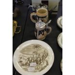 Spode plate, 2 Steins and plated tea pot