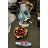 Art Deco Bakerlite Liner cruet, Myott jug and Carlton Ware Rouge Royale ashtray