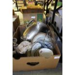 Box of misc glass, china, etc. stainless steel toilet jug and bowl