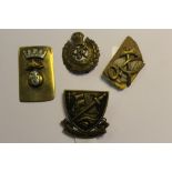 Royal irish Fusiliers brass and white metal crest, royal Engineers cap badge and two other cap