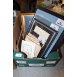 Box of small original watercolours and original vintage prints