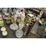 5 glass decanters, whitefriars jug and Art glass vase