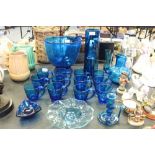 Blue glass punch bowl, cups & Dartington decanter, etc.