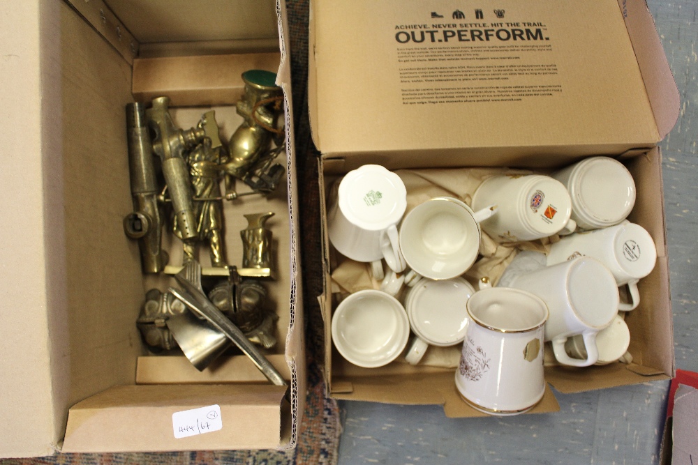 Box of brass including spiggots and box of Comm wares