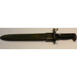 A WWII US MI bayonet for the Garand rifle. Blade stamped AFH and US. Complete in its original