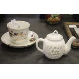 19th Century commemorative china items: teacup and saucer and miniature teapot with over, both