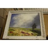 Liz Tracey - Oil painting - Breezy Day on the Fell, signed, in white painted frame, with provenance