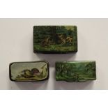 Three 19th Century papier mache snuff boxes, all printed with hunting/country scenes (a.f.)