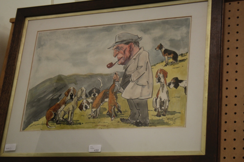 Wilk (John William Wilkinson 1906-1994) cartoon ink and watercolour, local character with hounds
