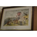 Wilk (John William Wilkinson 1906-1994) cartoon ink and watercolour, local character with hounds