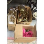 Two boxes of brass and copper wares, including ejector candlestick, lamps, etc.