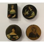 Four 18th/19th Century papier mache snuff boxes, all printed/painted with portraits of women, one