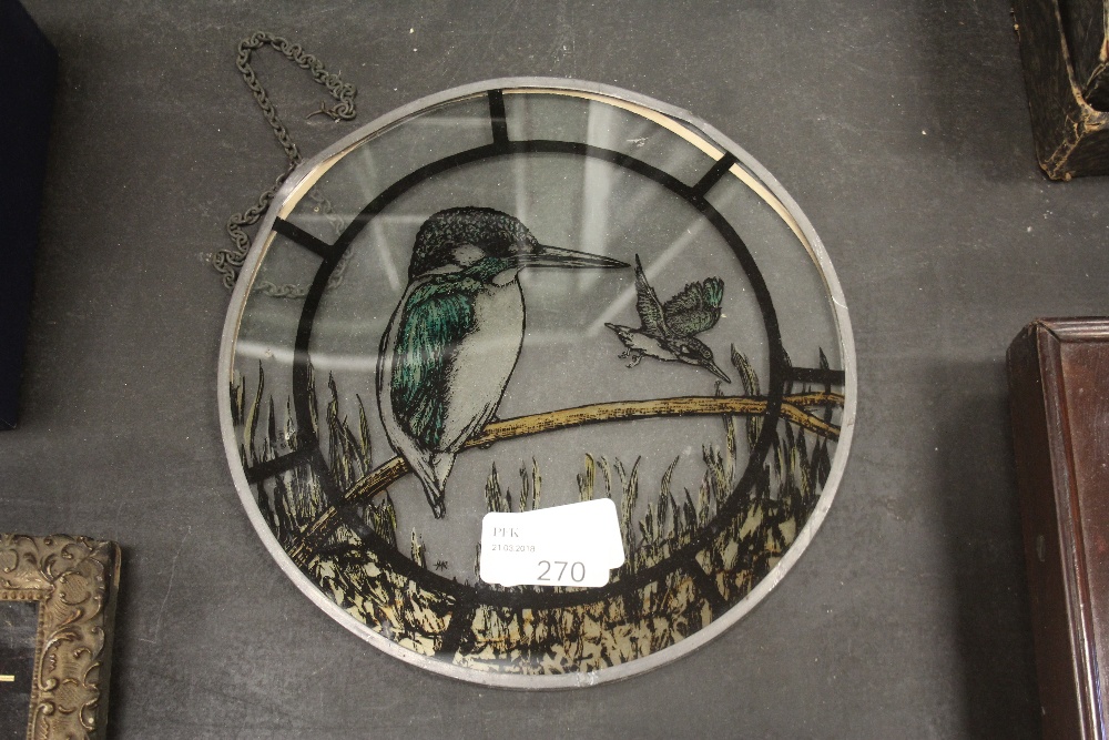 Circular leaded light with kingfisher design, slight damage