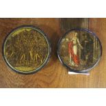 Two 18th/19th Century papier mache snuff boxes, one with portrait of a couple after Van Eyck, the