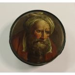 18th/19th Century papier mache snuff box, the lid painted with bearded male portrait (a.f.)