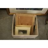 Box of decorative pictures, including Lake District engravings