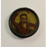 19th Century papier mache snuff box, lid painted with drinking huntsman (a.f.)