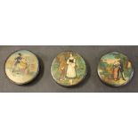 Three 19th papier mache snuff boxes, two with portraits of arguing couples, the other with girl
