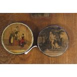 Two 18th/19th Century French papier mache snuff boxes, printed and worded respectively 'Les arts
