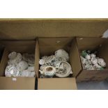 Three boxes of china, Queens tea wares, etc.