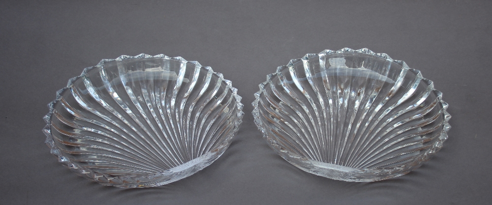 A pair of modern moulded glass dishes of scallop shape, thought Lalique, 27.5cm x 26.5cm Good