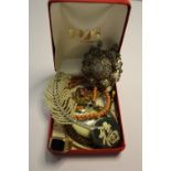 Box of costume jewellery including yellow metal ring a/f etc