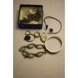 Box of white metal and silver jewellery including bangle