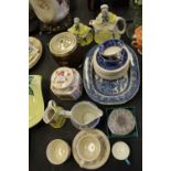 Vintage little old lady tea set, biscuit barrel, blue and white etc