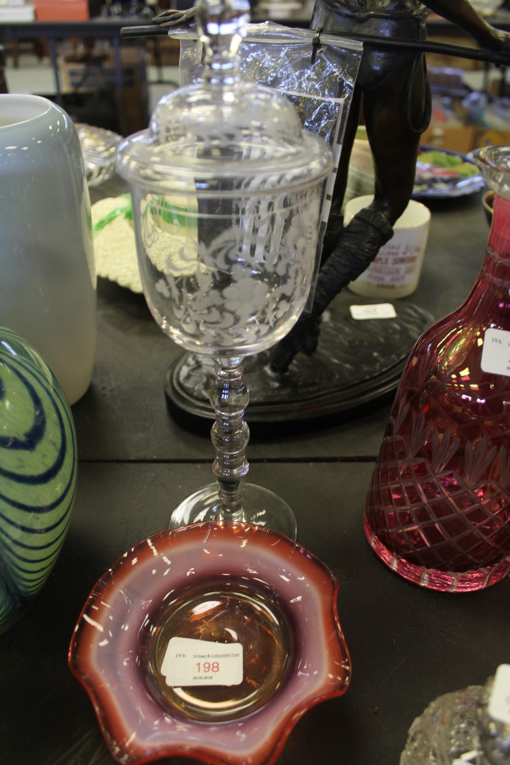 Cranberry Bowl and Engraved Lidded Jar