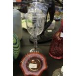 Cranberry Bowl and Engraved Lidded Jar