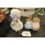 2 Beswick Beatrix Pottery figures Lady Mouse and Hunca Munca with gilt back stamps