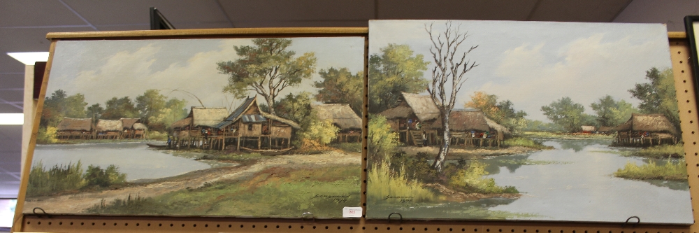 Pair of unframed Asian village scenes, oils on canvas